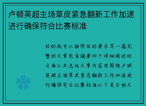 卢顿英超主场草皮紧急翻新工作加速进行确保符合比赛标准